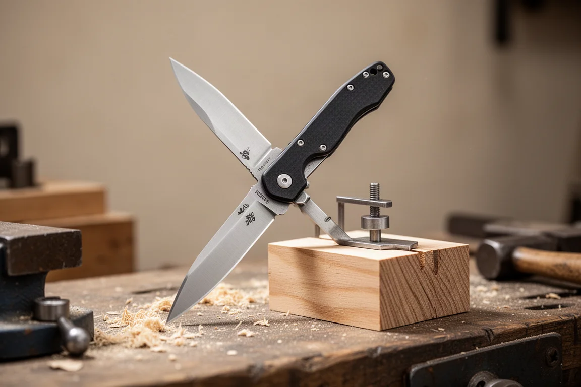 Knife blade spine whack test setup on a workshop bench