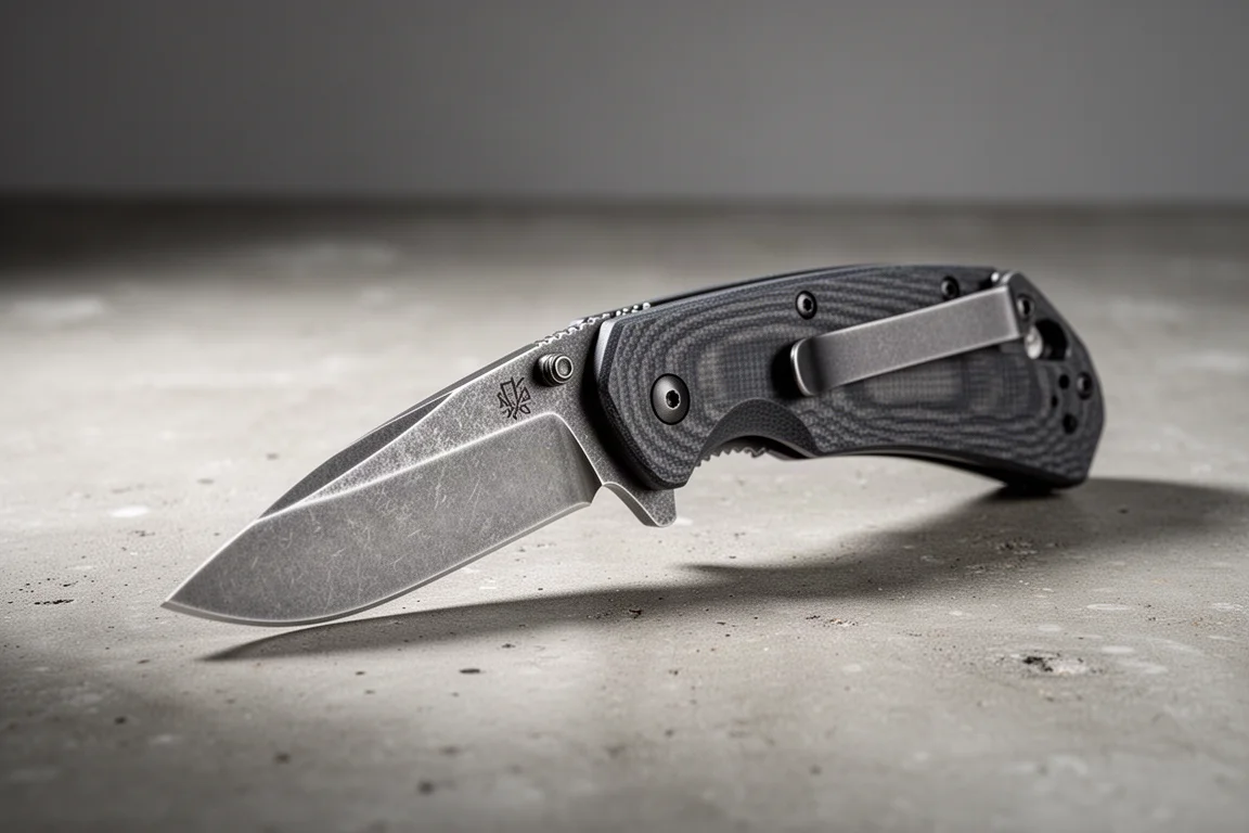 Coltello pieghevole Bestech Good Boy aperto su una superficie di cemento opaco