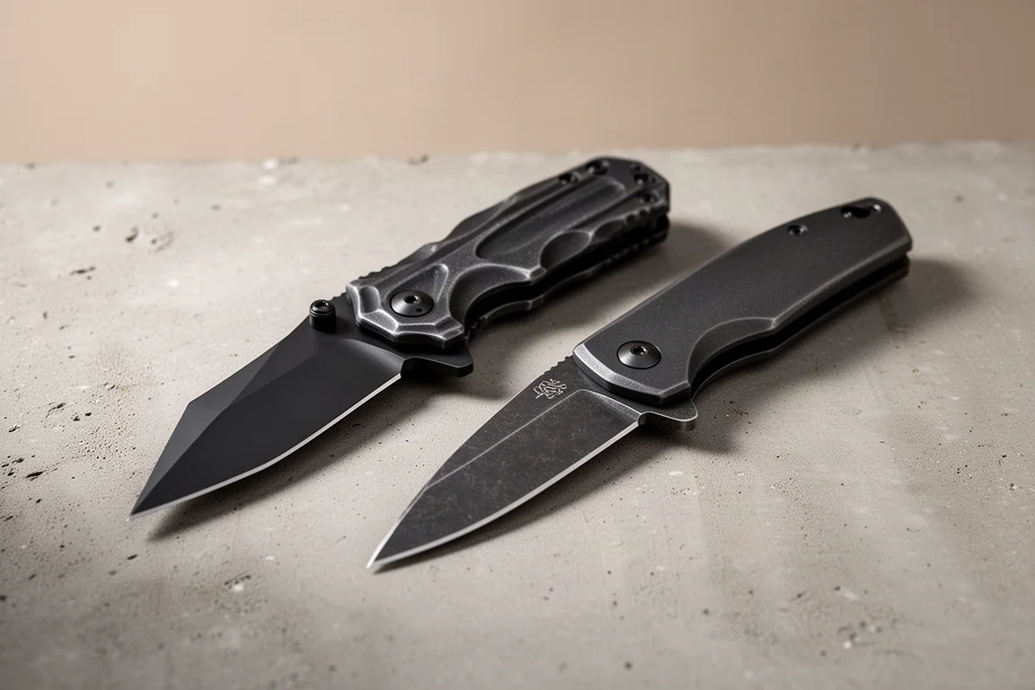 Due coltelli pieghevoli da tasca affiancati su una superficie di cemento, uno dal design insolito e sweep e uno convenzionale a punta drop point