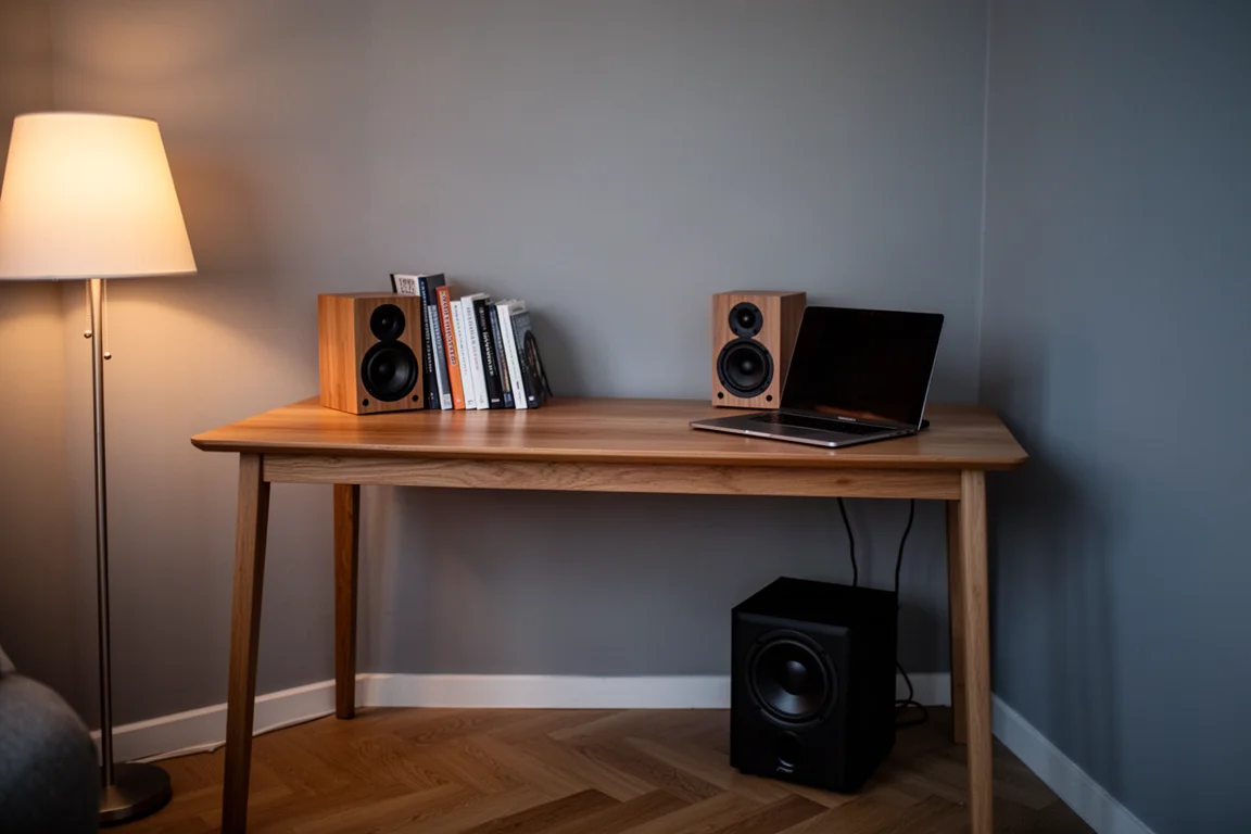 Escritorio de apartamento pequeño con altavoces de estantería y un subwoofer compacto debajo