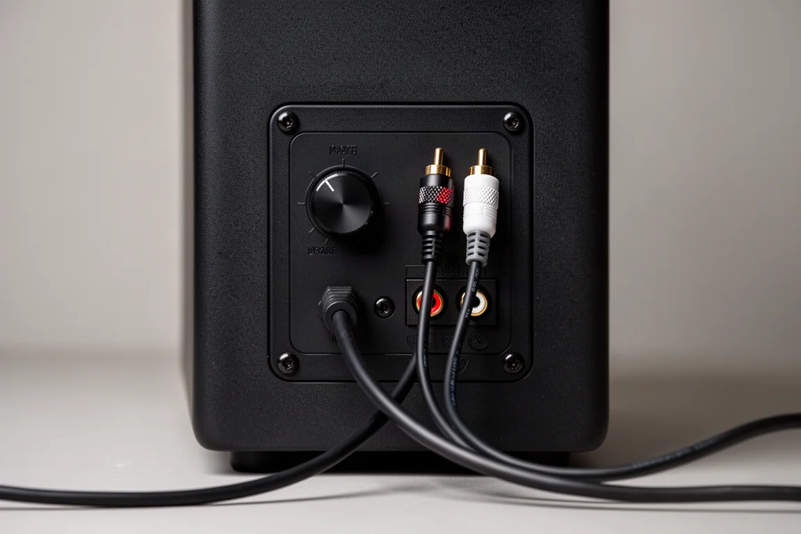 Panel trasero de un subwoofer compacto con cables ópticos y RCA y un mando giratorio