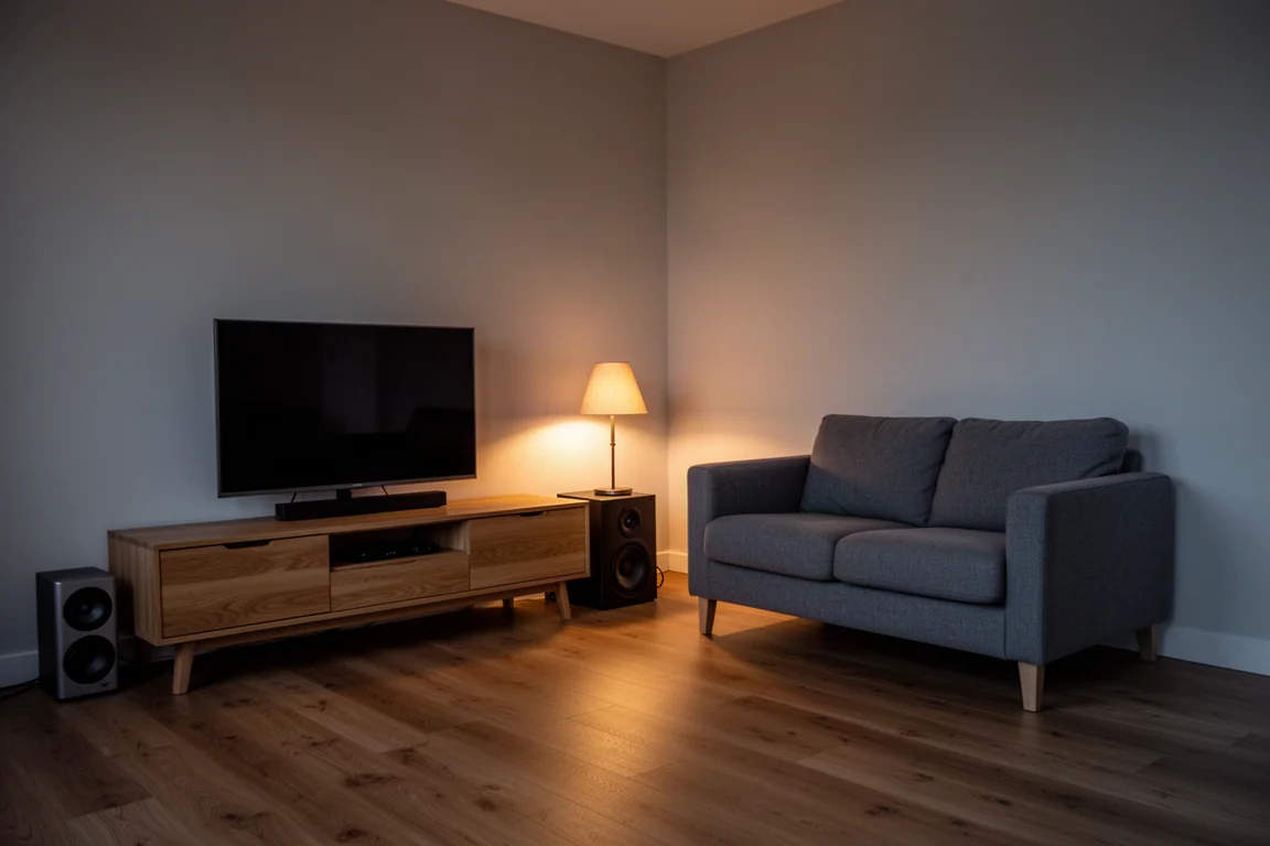 Salón pequeño al atardecer con un subwoofer junto a un mueble de TV bajo