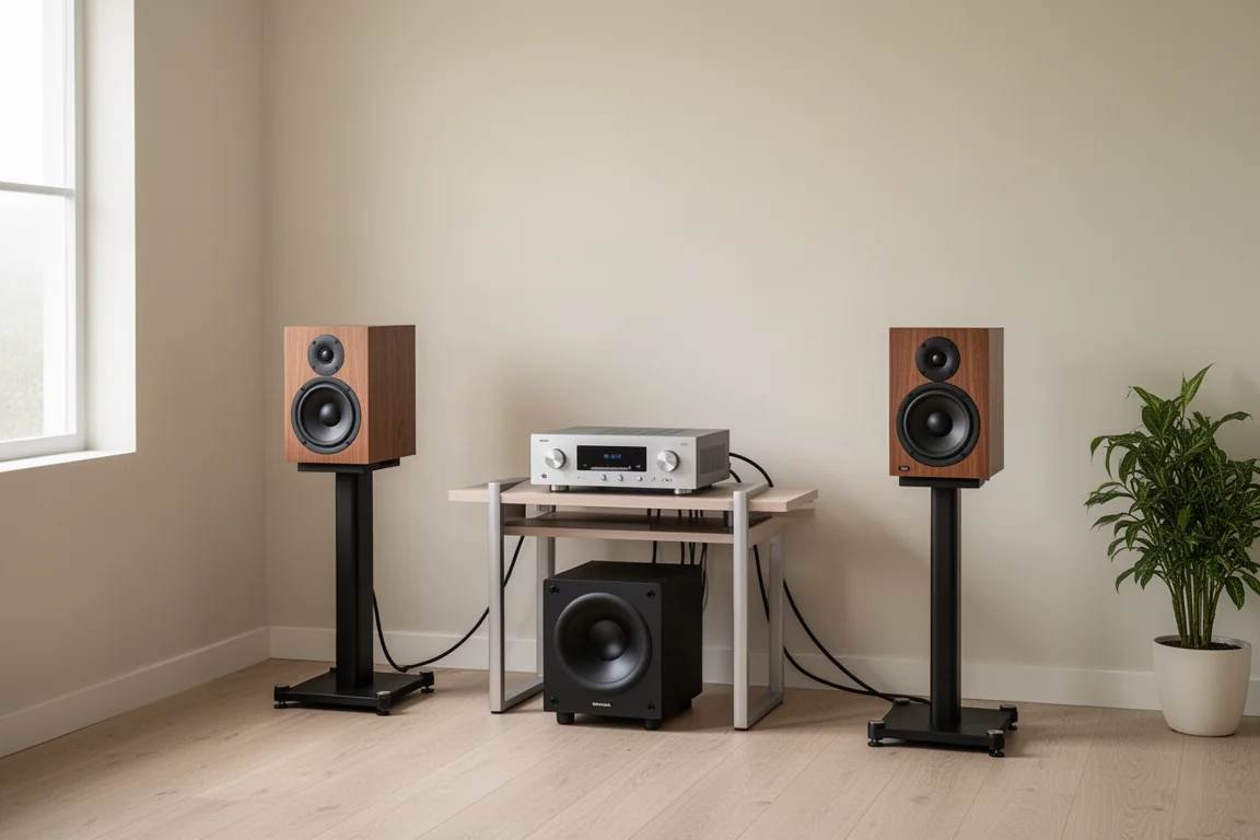 Sala de escucha minimalista con altavoces de estantería sobre soportes y un subwoofer en el suelo