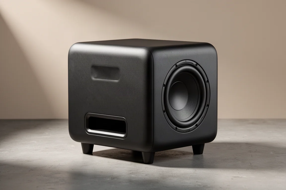 Compact matte black Bestisan subwoofer with front port and side driver on concrete