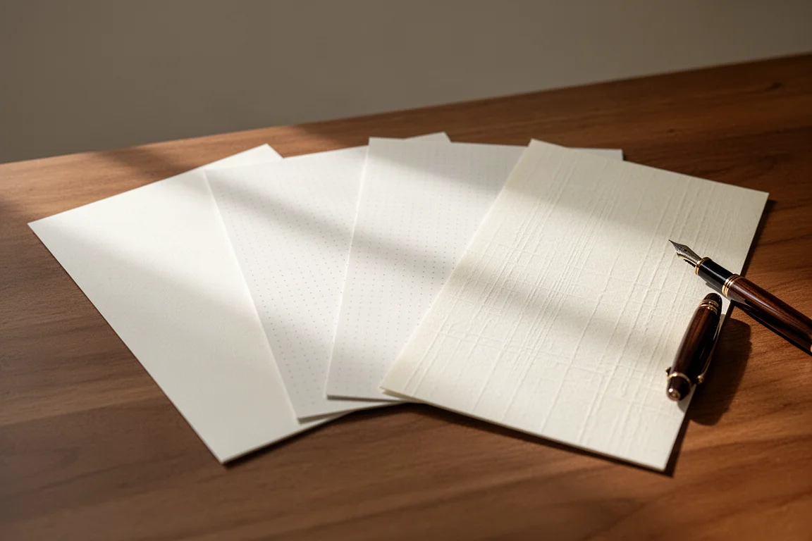 Fogli di diversi premium writing papers disposti a ventaglio su una scrivania di legno