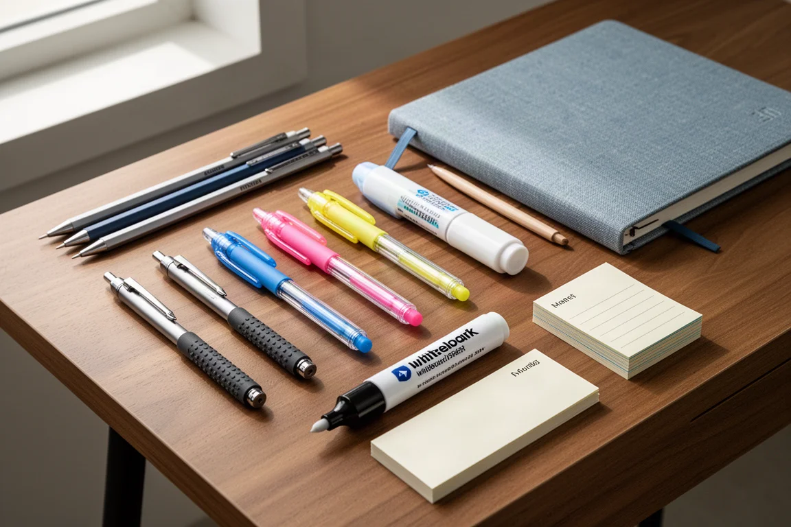 Flat-lay of mechanical pencils, gel pens, a whiteboard marker, a planner, and memo pads on a wooden desk