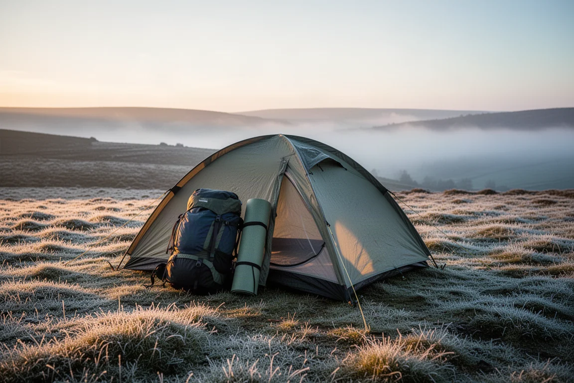 Campeggio sulla brughiera gelata all'alba con una piccola tenda e attrezzatura da campeggio