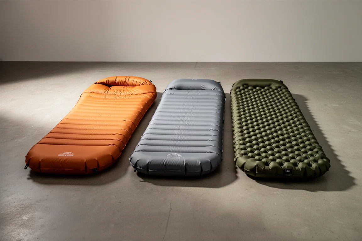 Three inflated camping sleeping pads in orange, grey and olive laid side by side on concrete