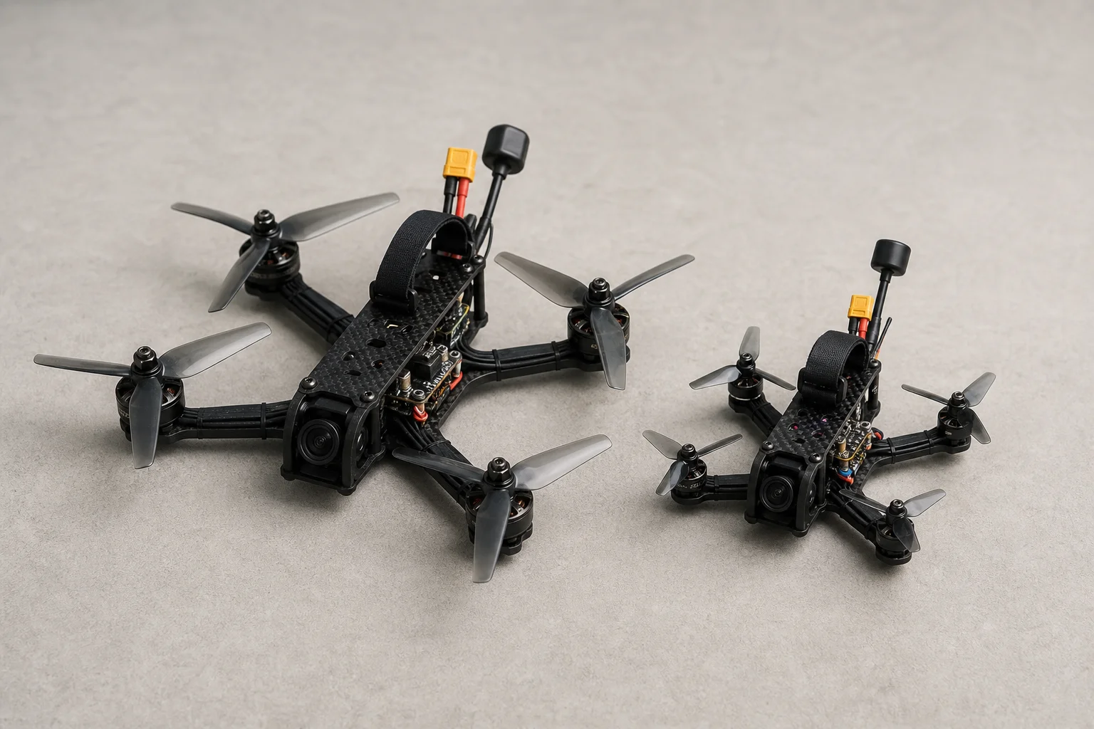 Vergleich zweier Tiny Whoop Drohnen zur Verdeutlichung von Größe und Propellerunterschieden