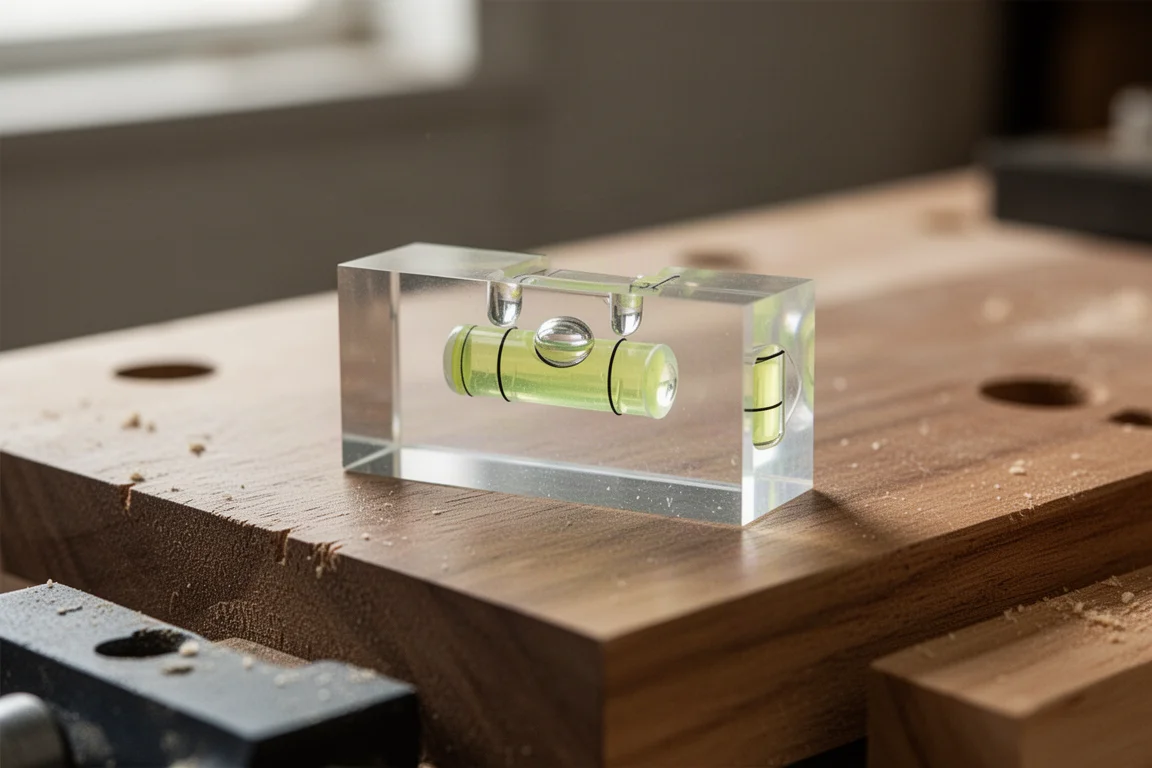 Doorzichtig acryl waterpasniveau op een werkbank met zichtbare luchtbelletjes in de libellen