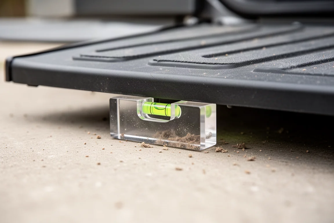 Waterpasniveau tegen de onderkant van een camper-oppervlak dat gecontroleerd wordt