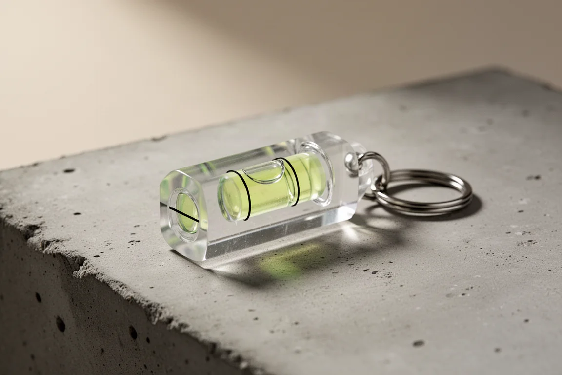 Small clear acrylic bubble level with three vials on a concrete surface
