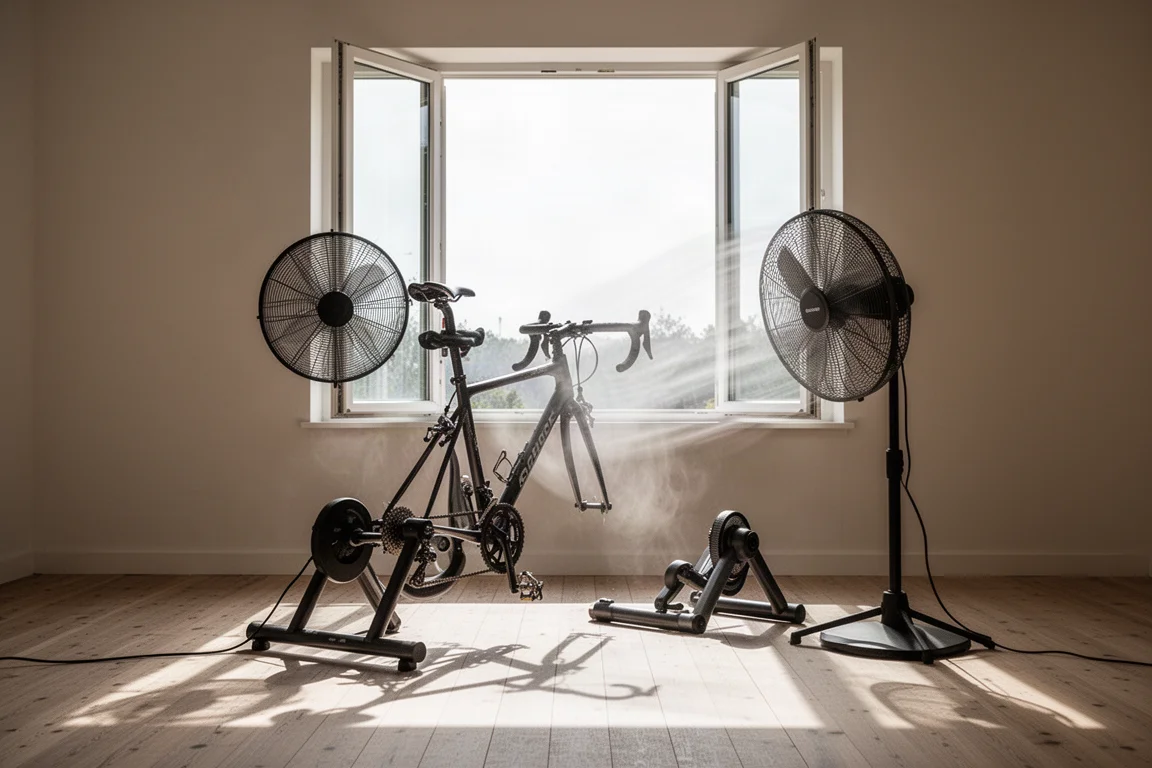 Indoor-Trainer-Setup neben einem offenen Fenster mit einem großen Bodenventilator, der auf das Rad gerichtet ist