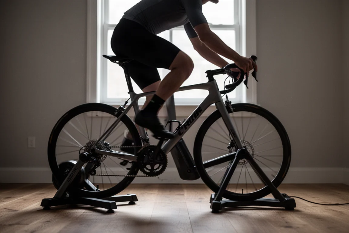 Radfahrer, der stehend auf den Pedalen fährt, während er in einem dunklen Raum auf einem Indoor-Trainer trainiert