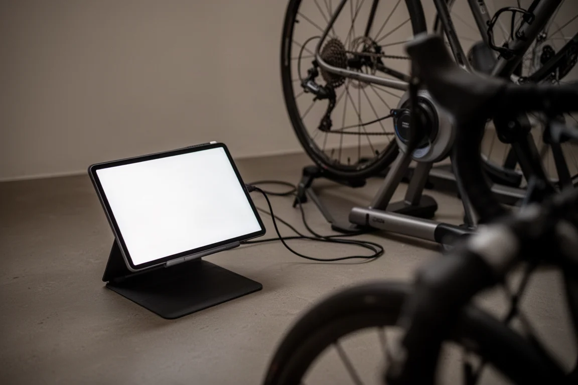 Bildschirm mit einer virtuellen Radroute, während ein Rad auf einem Smart Trainer montiert ist