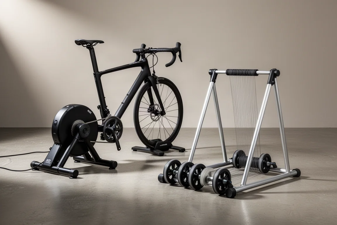 Direct drive-turbotrainer en trainingsrollers met drie rollen naast elkaar op een betonnen vloer