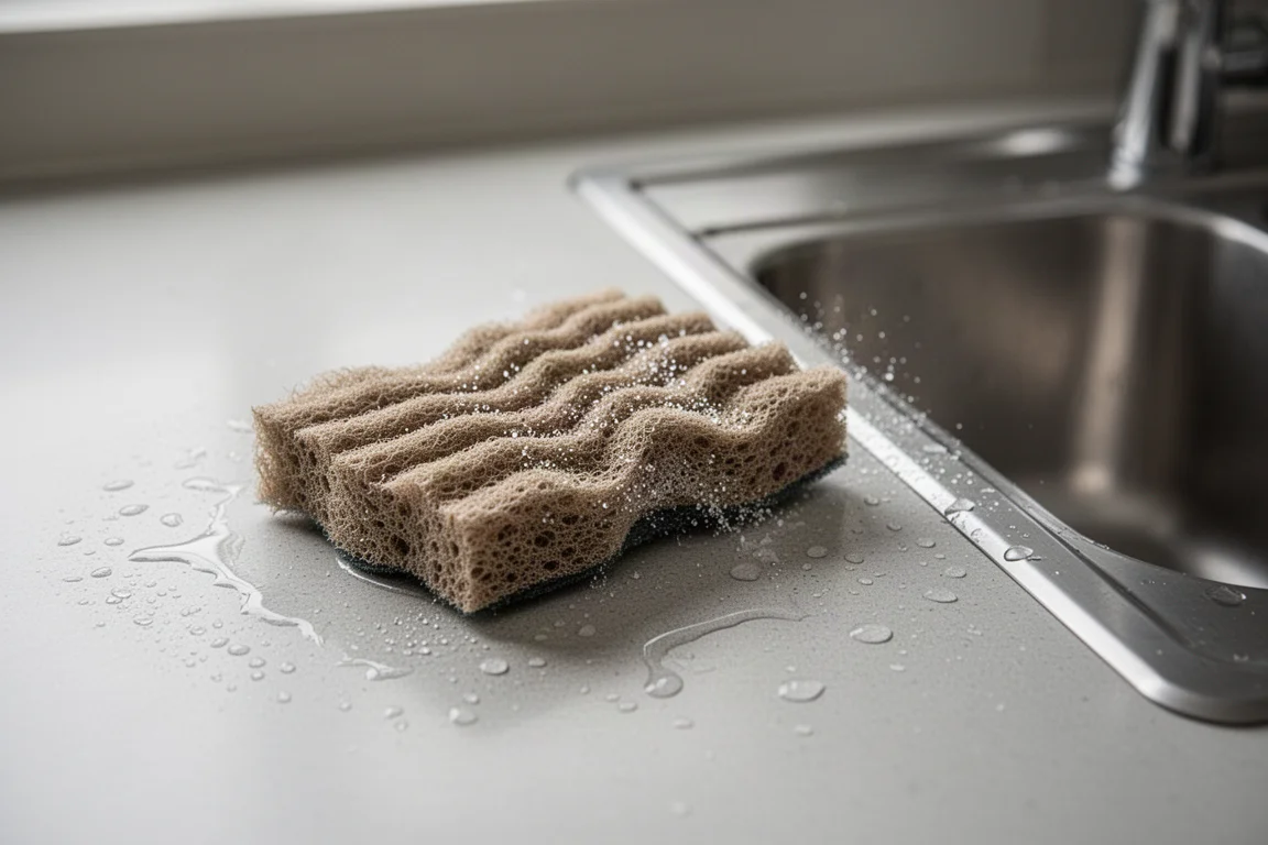 Rippled textured kitchen sponge scrubbing a damp countertop