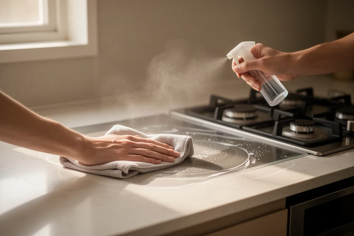 Spray cleaner misting a stovetop being wiped clean