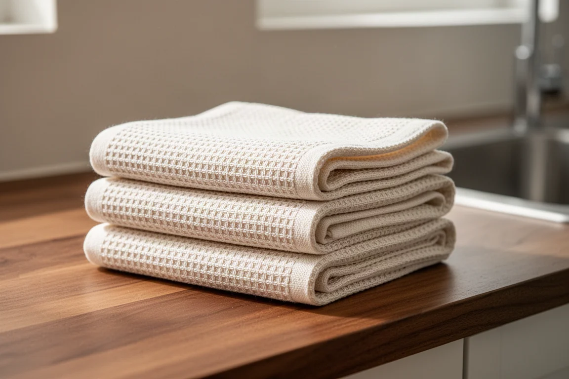 Folded cotton dish towels stacked on a wooden kitchen counter