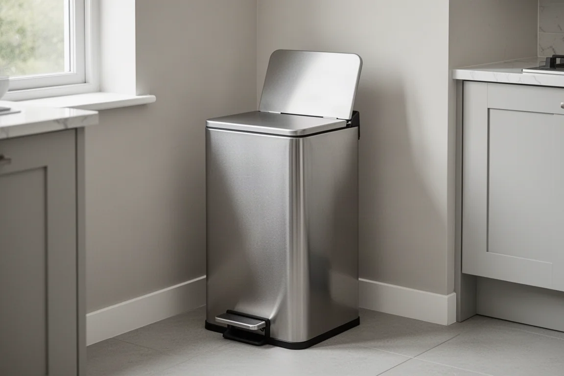 Brushed steel pedal trash can in a bright modern kitchen corner