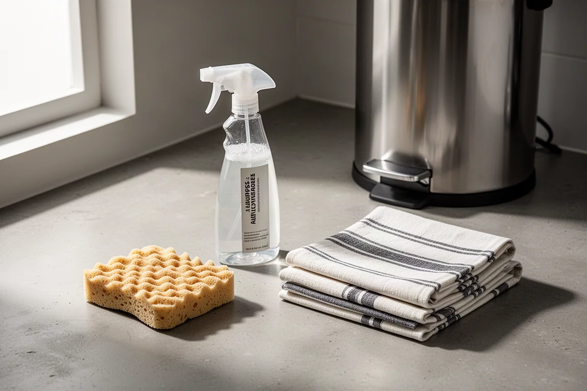 Kitchen sponge, spray cleaner, dish towels, and steel trash can arranged on a counter