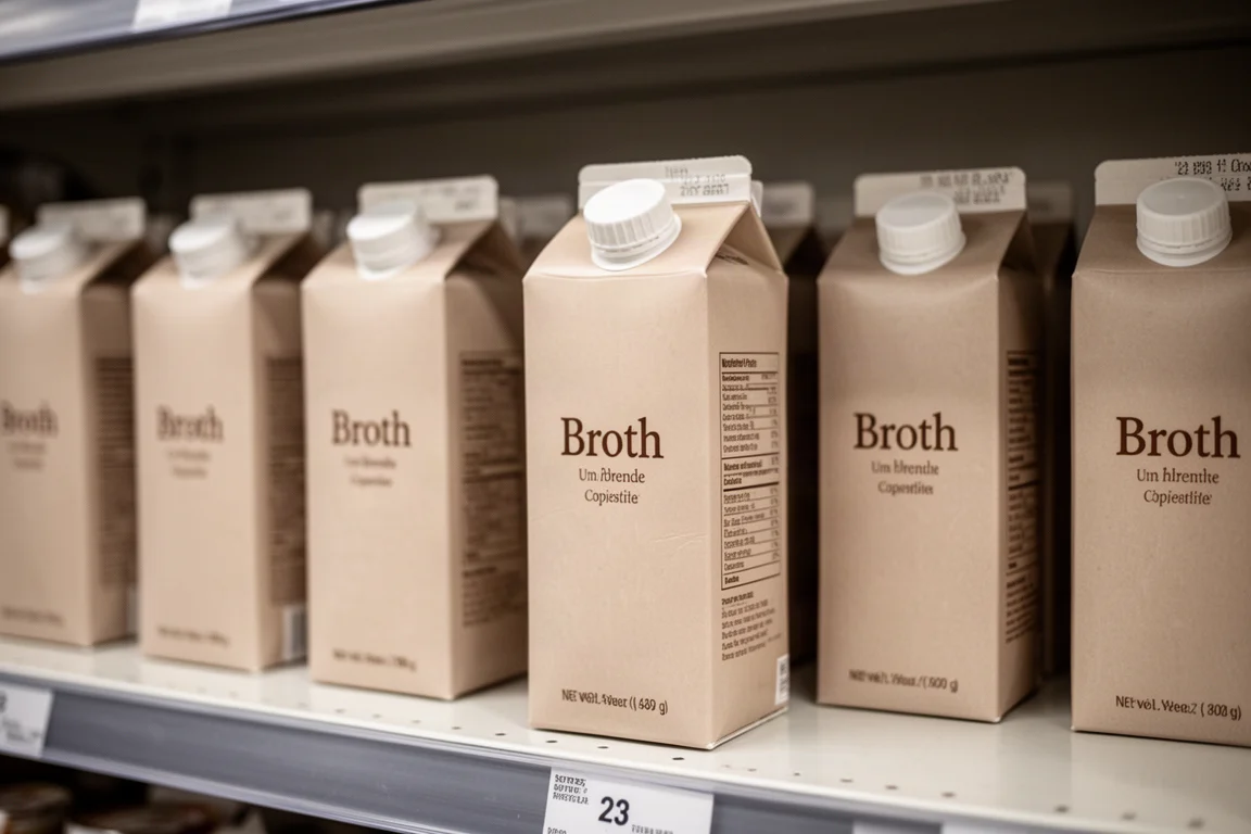 Brühe-Kartons in einer Reihe im Supermarktregal