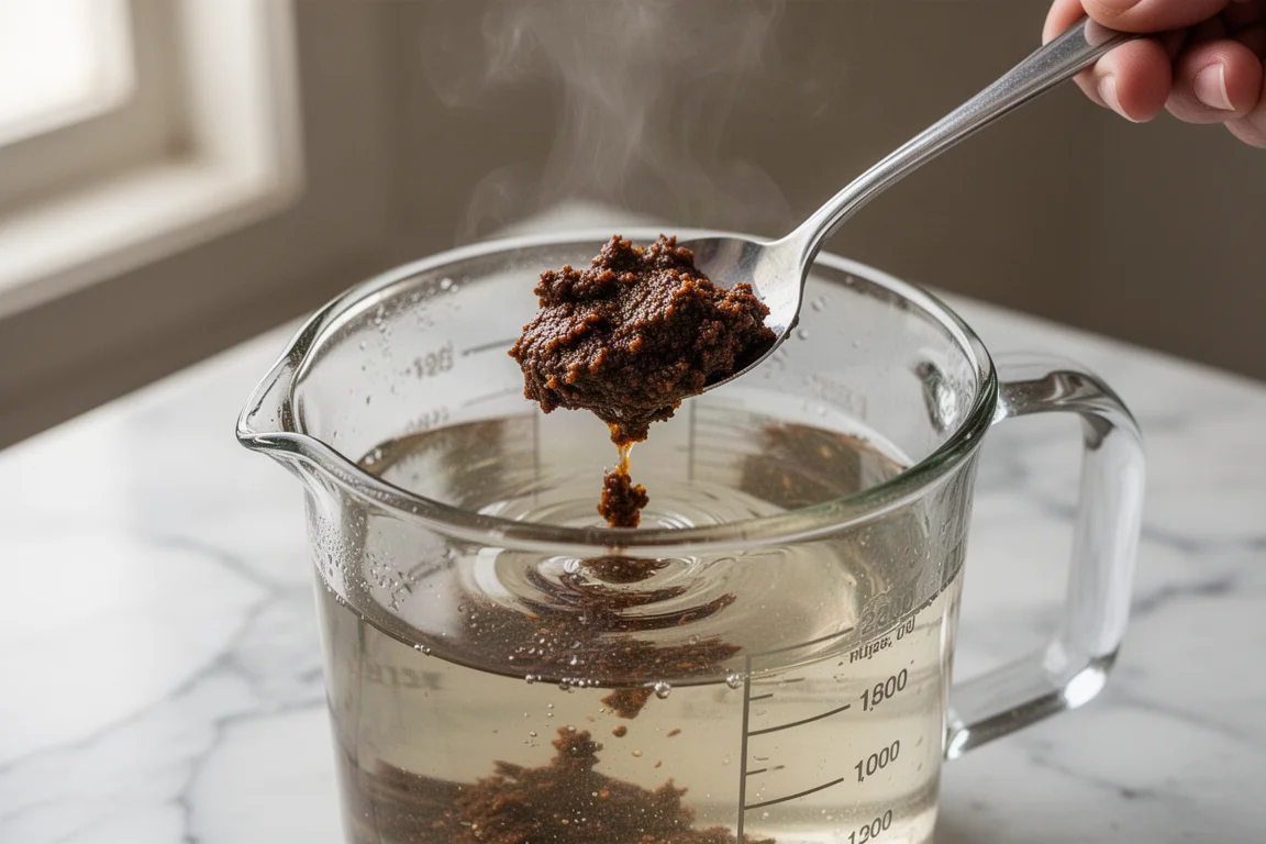 Ein Löffel dunkle Brühenpaste, der sich in einem Glas-Messbecher mit heißem Wasser auflöst