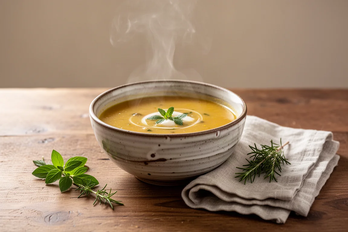Eine rustikale Schale Suppe auf einem Holztisch mit frischen Zutaten daneben