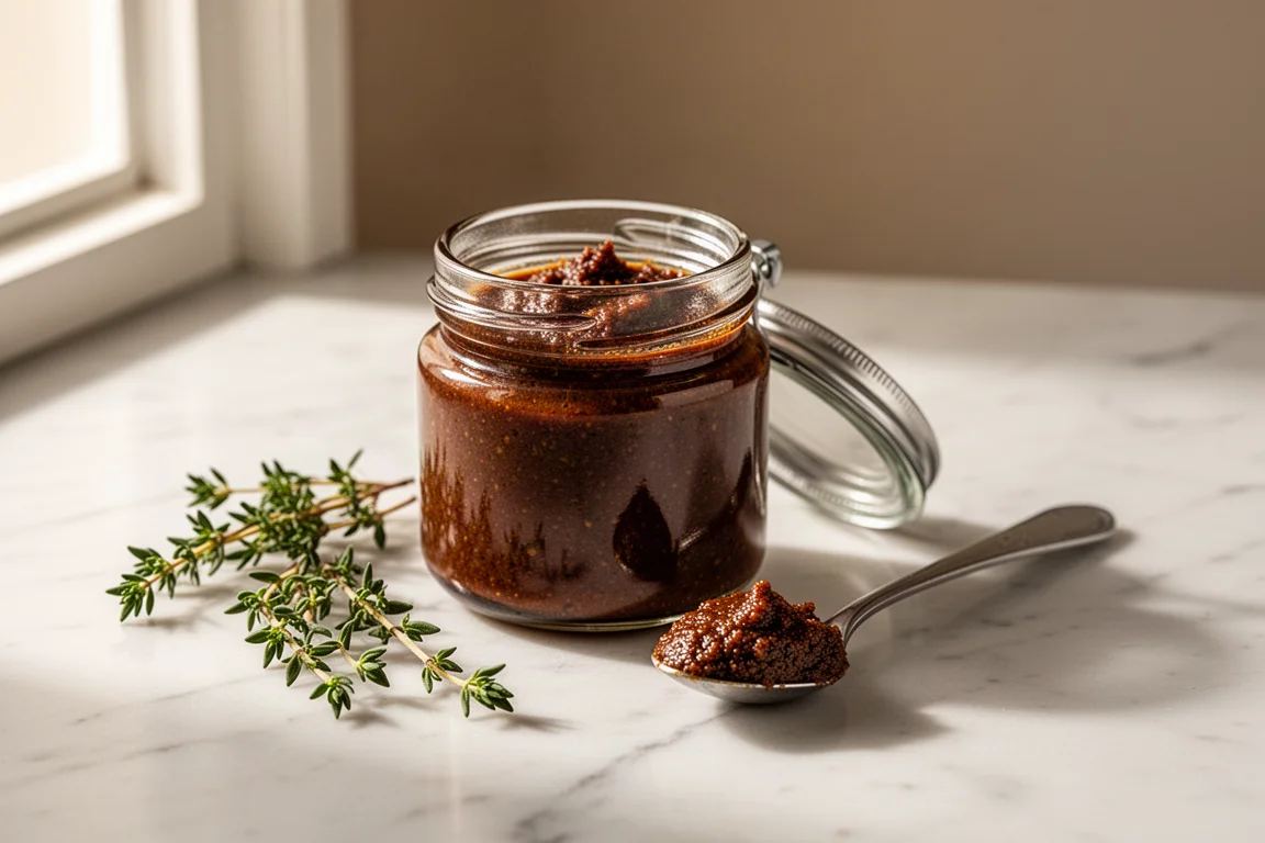 Open jar of savory broth paste with a spoonful beside it on a marble surface