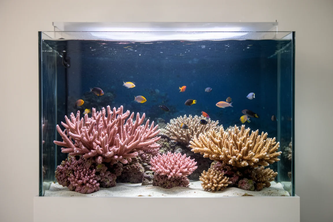 Sunlit reef aquarium with branching coral colonies and small colourful fish
