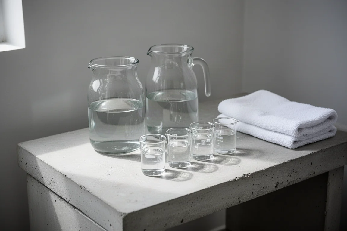 Aquarium maintenance bench with glass jugs and beakers of clear liquid
