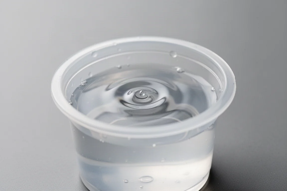 Clear liquid swirling inside a translucent measuring container against grey backdrop