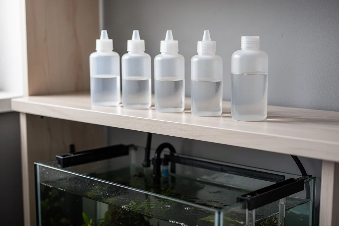 Row of translucent dosing bottles on a shelf above an aquarium sump