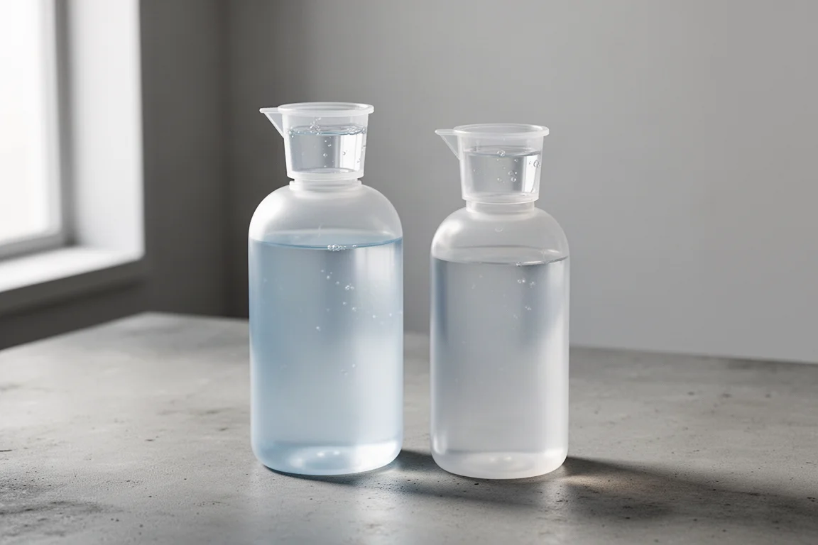 コンクリート面の上に置かれた、注ぎ口カップ内蔵の半透明プラスチック製ドージングボトル2本