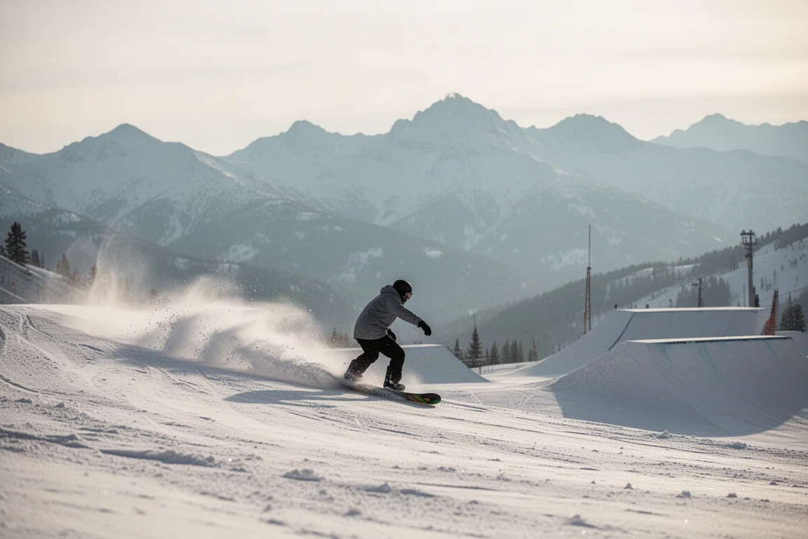 Snowboardzista jadący przez śnieżny park górski w miękkim świetle dziennym