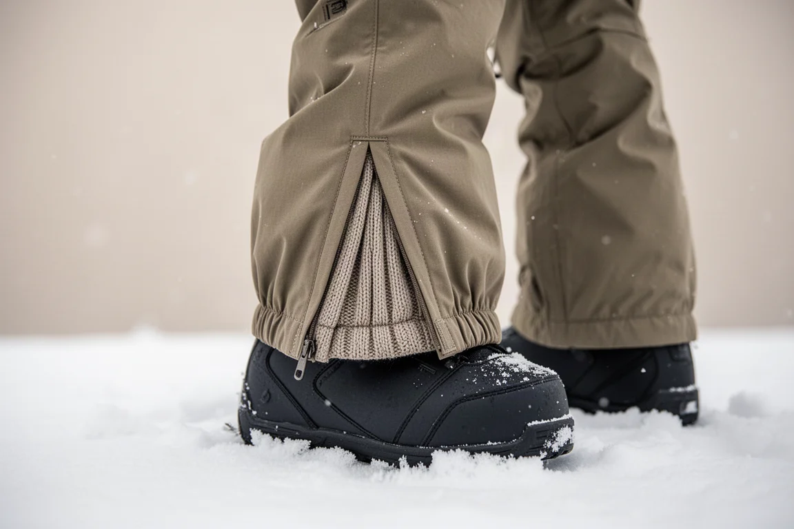 Klaps spodni snowboardowych uniesiony wysoko nad but z dzianinowym fałdem