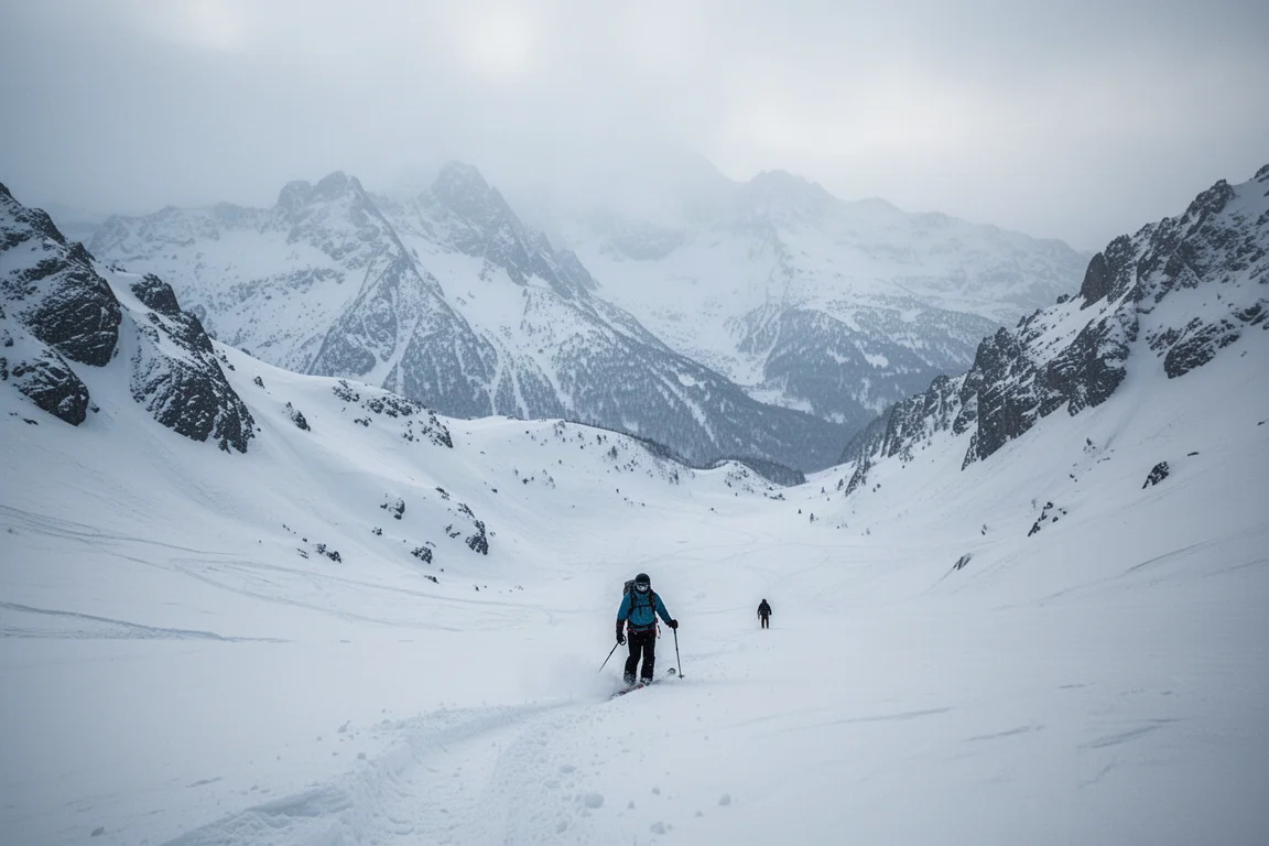 Rider na trasie heli-ski w szerokim terenie alpejskim przy zimnym świetle