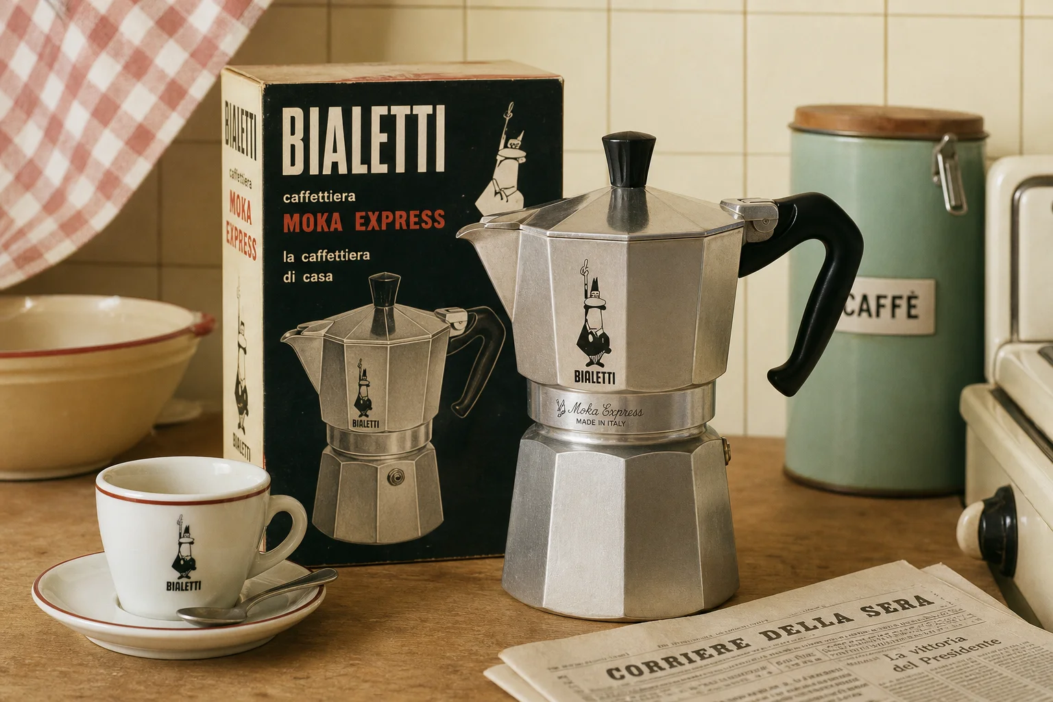 Vintage 1950s Bialetti Moka Express advertisement in domestic kitchen setting