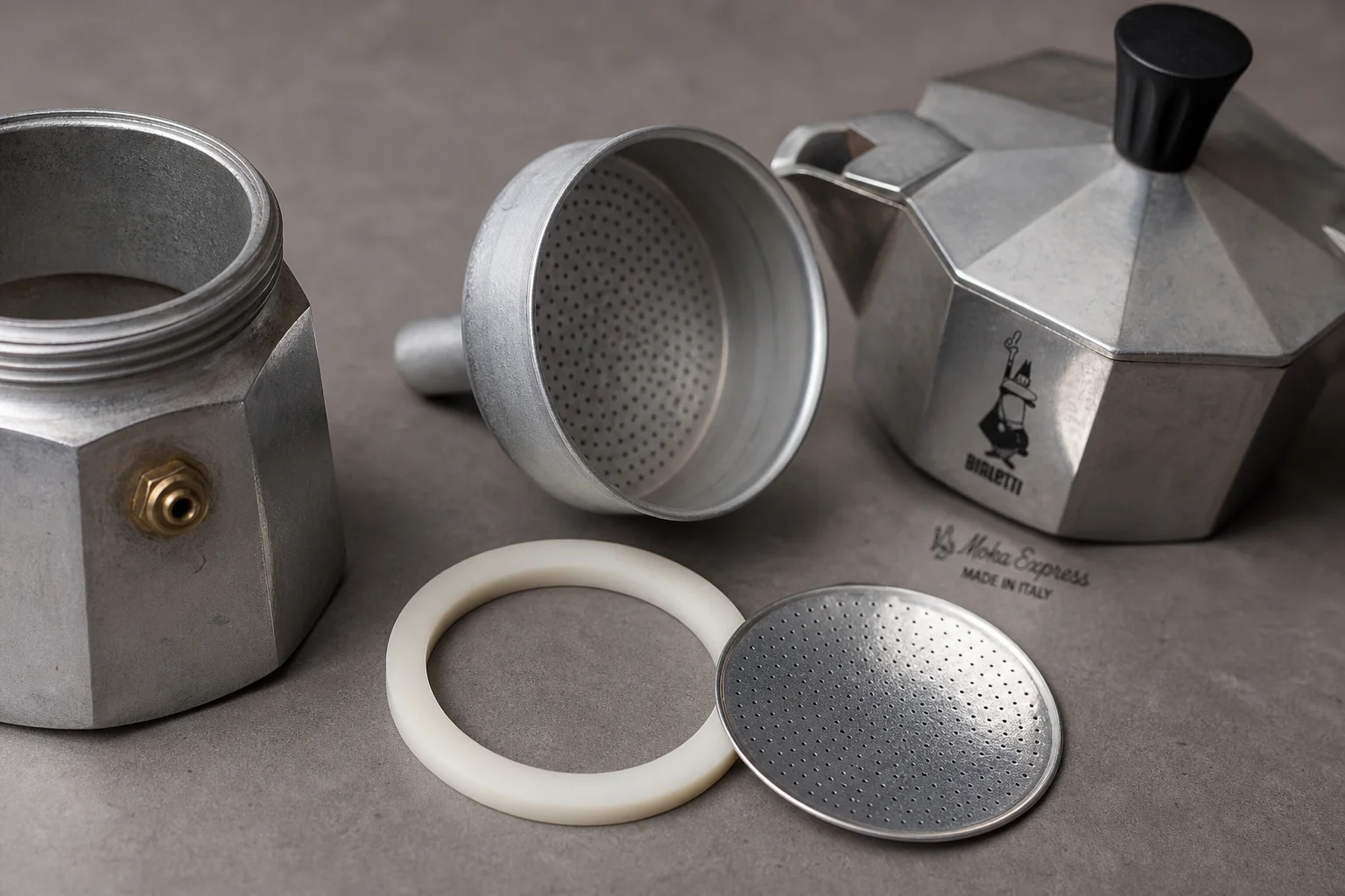 Close-up of Moka Express internal components including filter basket and gasket