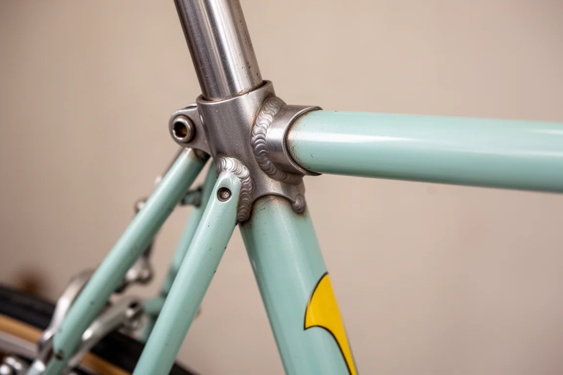 Close-up van een licht turquoise aluminium fietsframe met zichtbare lasrupsen bij een buisverbinding