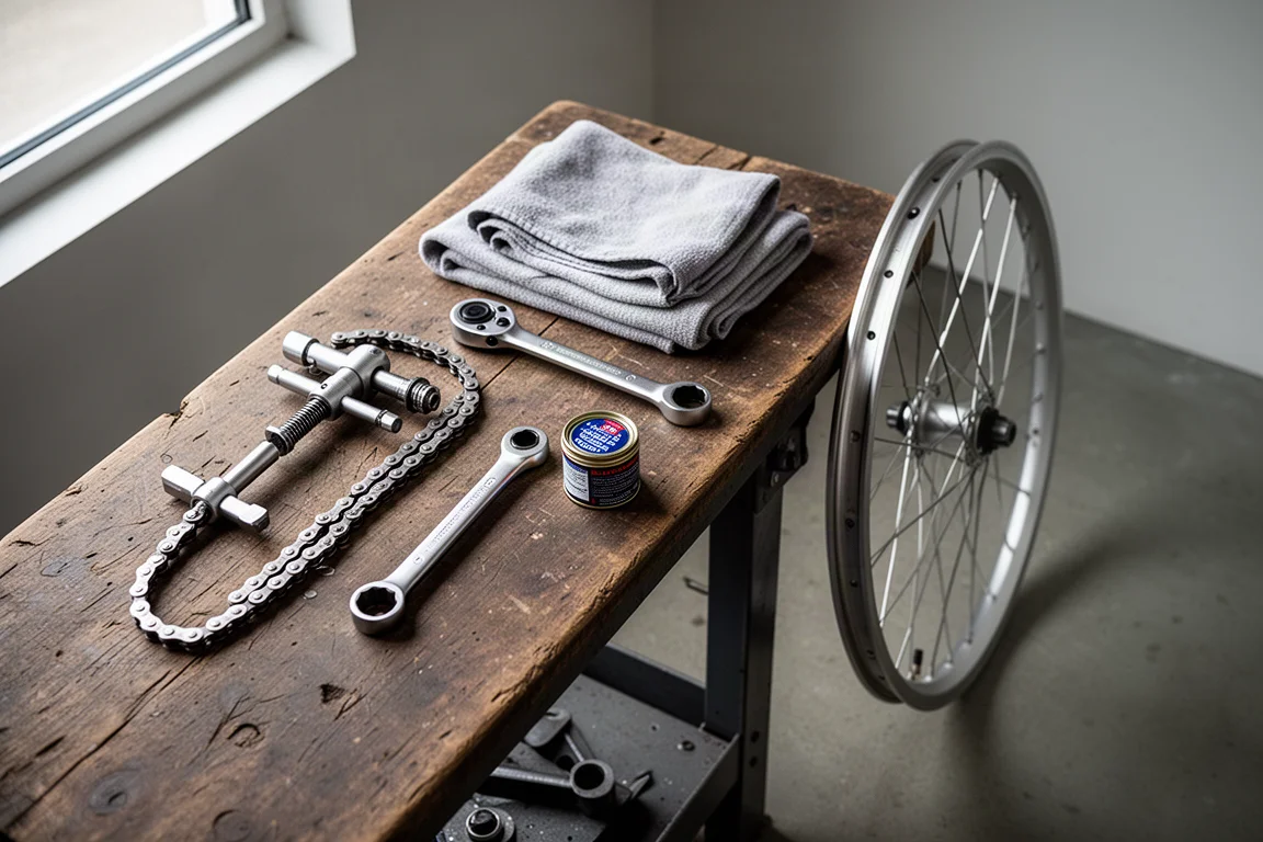 Bovenaanzicht van een werkbank in een fietswerkplaats met gereedschap, vetblik en een aluminium wiel