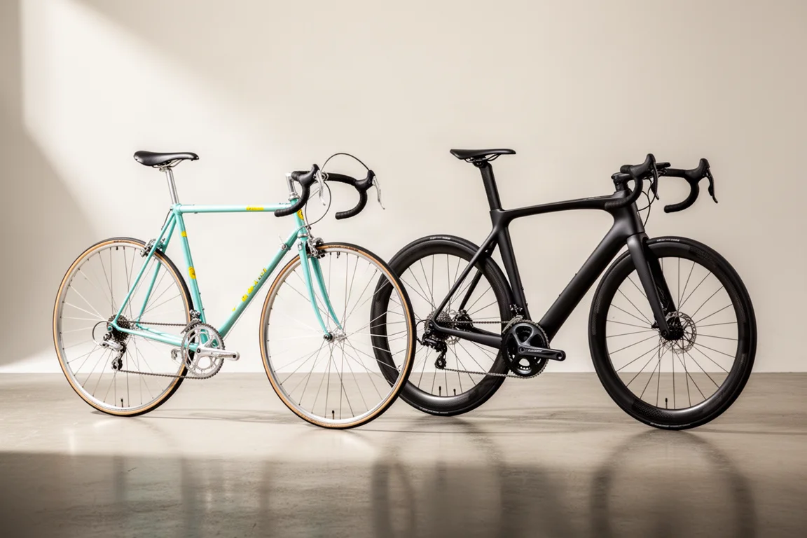Vintage turquoise aluminium racefiets en moderne zwarte carbon aero racefiets naast elkaar in een studio