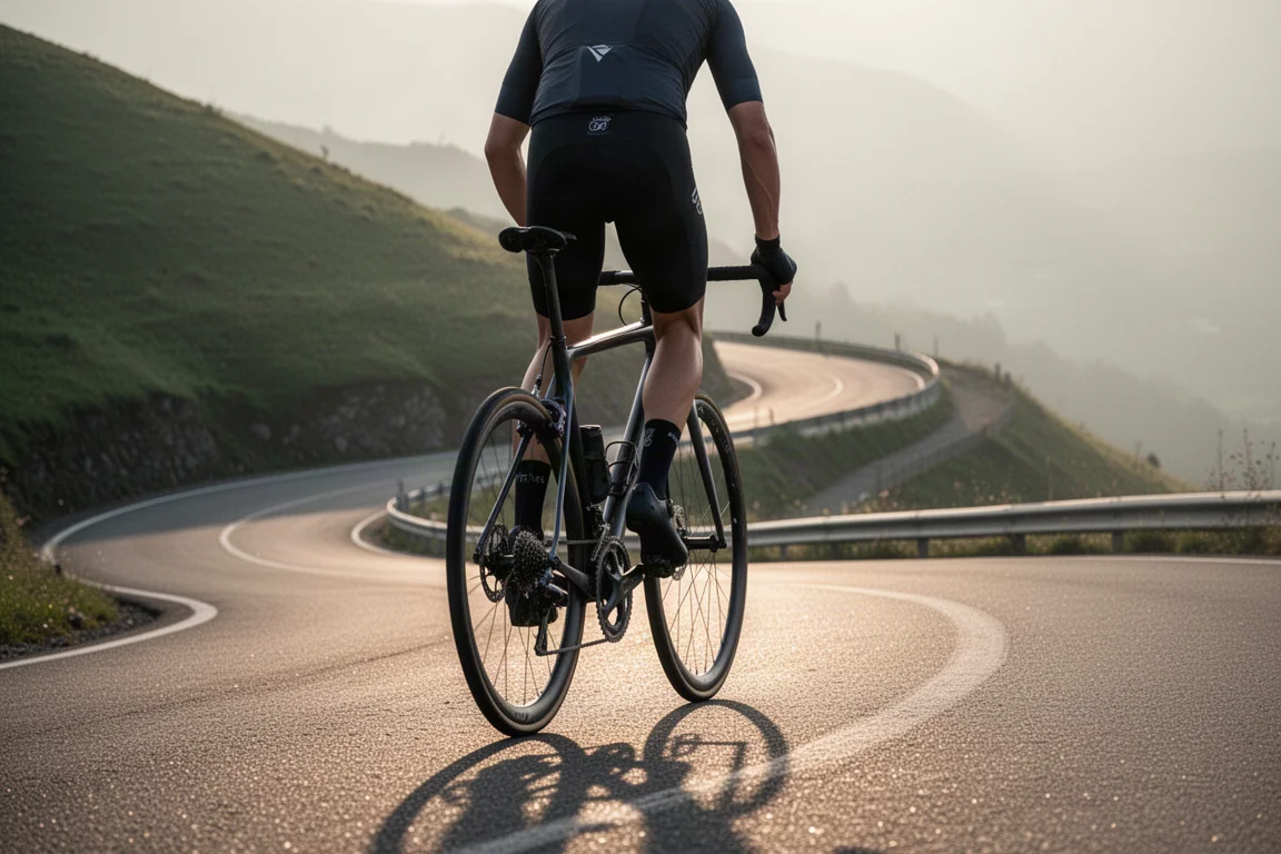 Rennradfahrer, der bei frühmorgendlichem Licht eine steile, schmale Gasse hinauffährt
