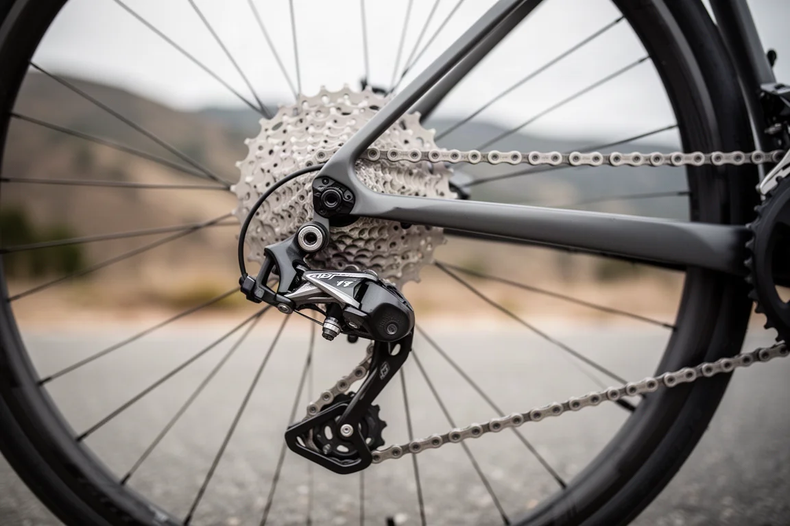 Nahaufnahme eines Hinterrads mit Slick-Reifen, der über rissigen Asphalt rollt