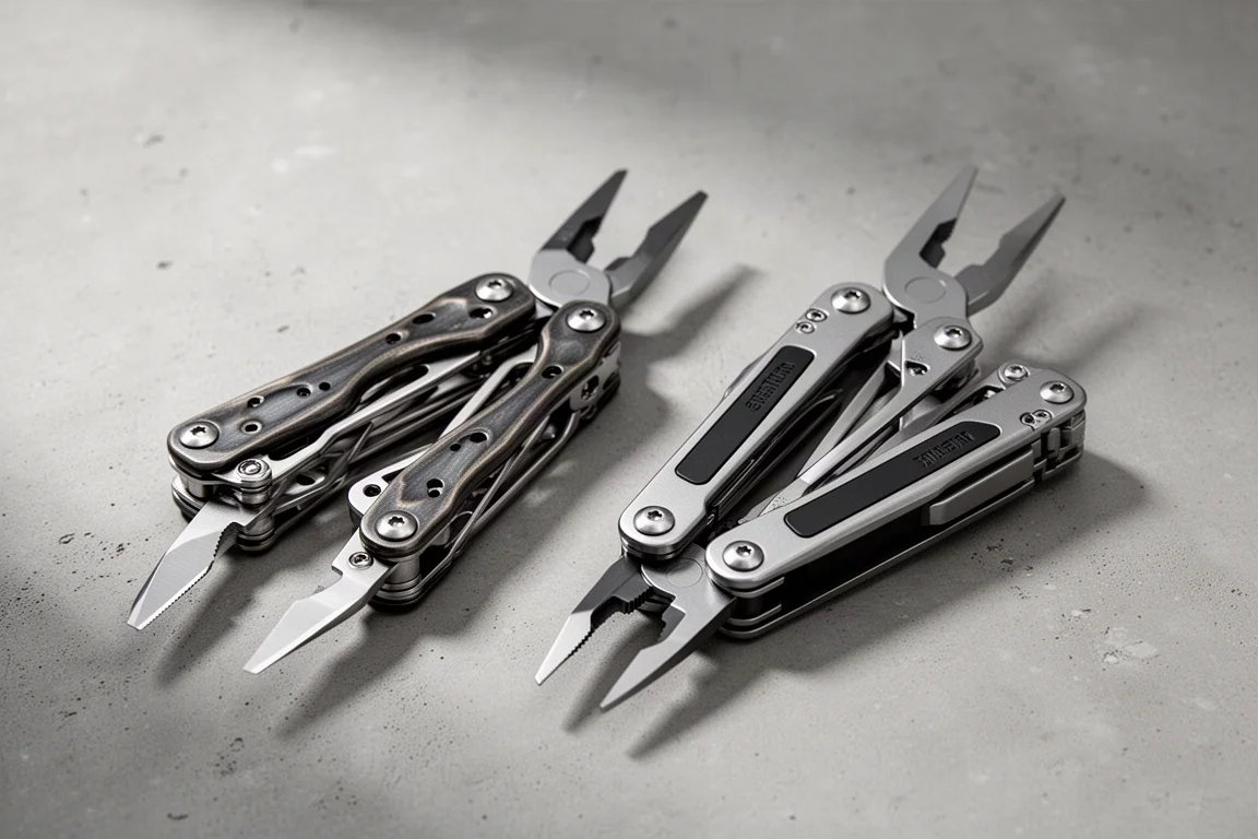 Two full-size folding multi-tools side by side on a concrete surface