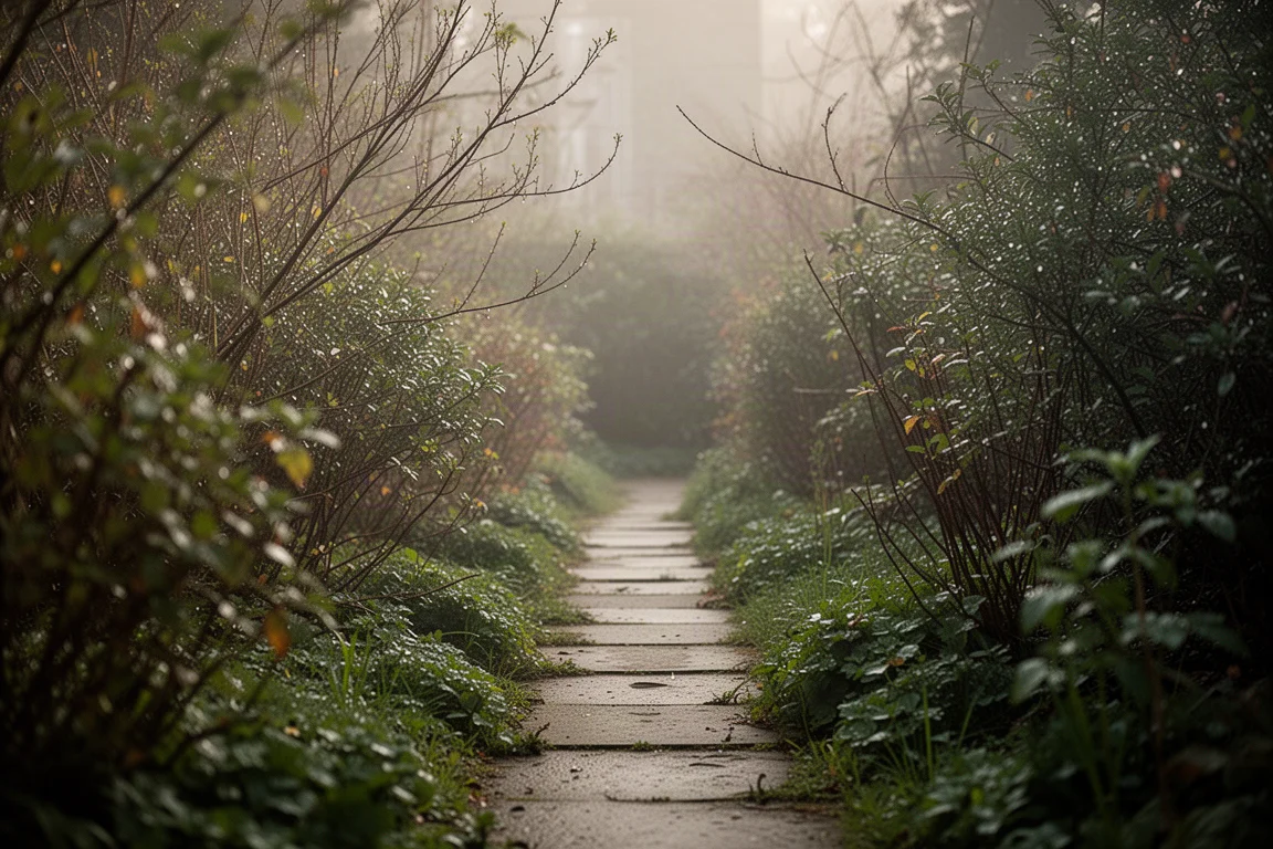 Doorgeschoten pad door een tuin waar struiken over het wandelpad groeien