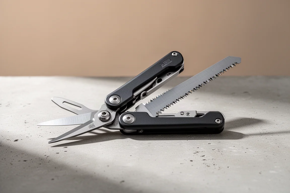 Folding trimming multi-tool half open showing shears and saw blade on concrete