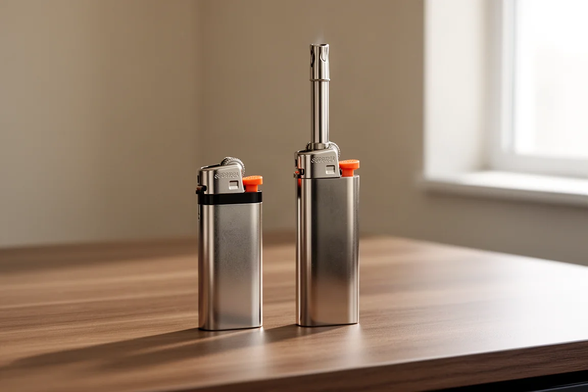 Standard pocket lighter and tall extended lighter standing side by side on a wooden surface