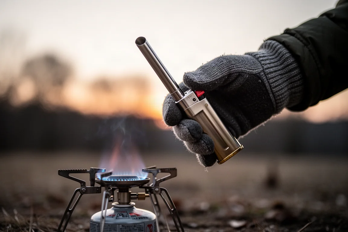 Gloved hand holding a lighter up to a small camp stove burner at dusk