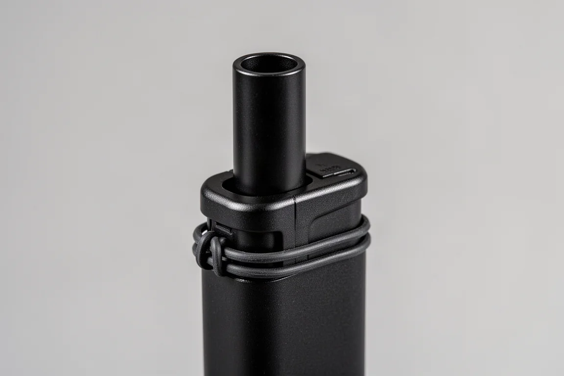 Close-up of the lighter's top chimney section with visible flame guard
